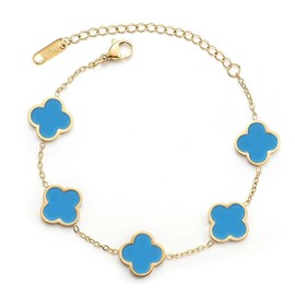 GRBeid 18K Gold Plated Clover Lucky Bracelet for Women Flower Four Leaf Link Bracelets Dupes Trendy Jewelry Birthday Gifts for Women/Mom/Wife/Daughter/Girlfriend/Besties/Sister/Grandma/Nana (Blue)