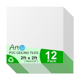 Art3d 24"x24" Smooth Drop Ceiling Tiles (48 Sq.Ft), 12-Pack 2ft x 2ft PVC Tiles for Home and Office, Waterproof and Reusable Plastic Ceiling, White