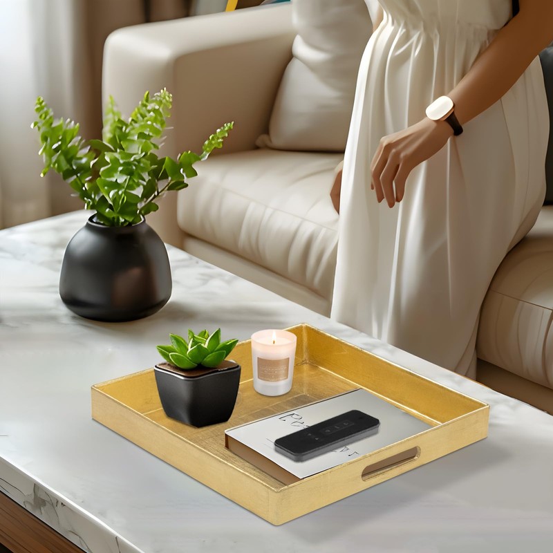 MAONAME Gold Decorative Tray with Handles, Foil Serving Tray for
