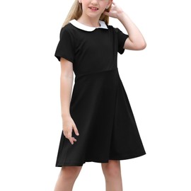 GORLYA Girl's Short Sleeve Casual Vintage Peter Pan Collar Fit and Flare Skater Party Dress with Pockets 4-12 Years (GOR1006, 11-12Y, Black)