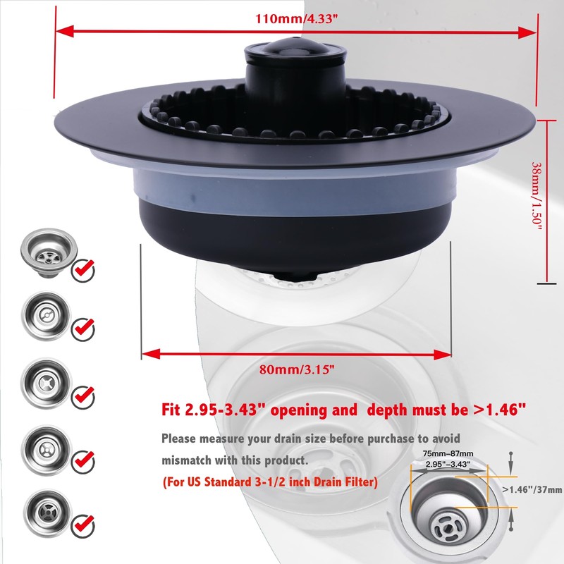 3 in 1 Kitchen Sink Drain Strainer, Universal Sink Drain