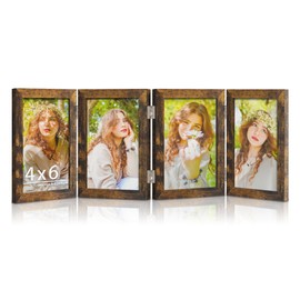 DUENPY 4 Folding 4x6 Picture Frame Horizontal Engineered Wood Accordion Photo Frame with Plexiglass Tabletop Bookshelf Display Brown