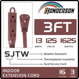 3 Ft Brown Flat Plug Extension Cord with 3 Outlets Indoor Power Strip