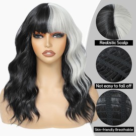 Ombre Half Silver Half Black Wig with Bangs for Women Short Bob Wavy Charming Synthetic Wigs with Natural Shoulder Length Curly Heat Resistant Hair for Daily Party Use