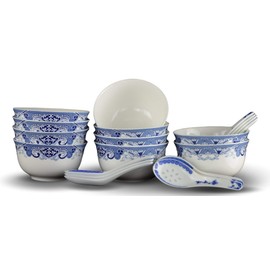 10 Pcs Fine Bone China Blue and White Chinese Soup Bowls Ceramic Porcelain Bowl, with Free 10 Porcelain Spoons Rice Bowl