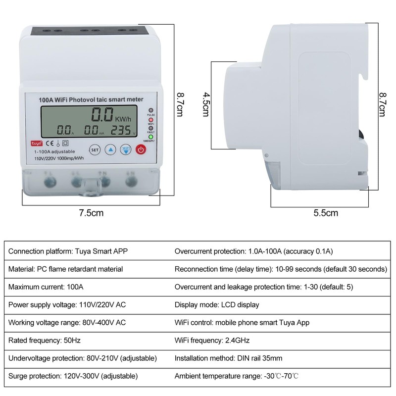 Jadeshay WiFi Energy Meter 100A Single-phase 4P Tuya WiFi Photovoltaic