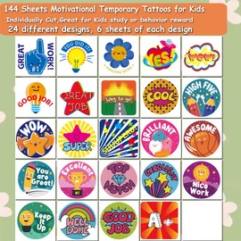CHARLENT Motivational Tattoo Stickers for Kids - 144 Individually Sheets Reward Tattoo Stickers for Teacher Students Classroom, Teacher Supplies for Classroom, Potty Training Temporary Tattoos