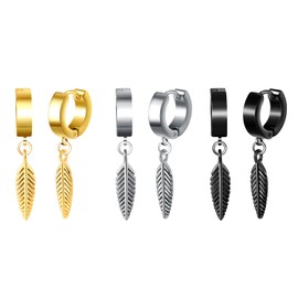 Yumilok 3 Pairs Men's Hoop Earrings Set Women's Feather Earrings Folding Hoop Earrings Stainless Steel Men Unisex Huggie Ear Cartilage Huggie, Stainless Steel