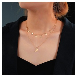 Cimenexe Bohemian Layered Moon Pendant Necklace Vintage Star Dangle Choker Necklace Gold Sequins Coin Necklace Chain Crescent Moon Chain Necklace Jewellery for Women and Girls Gifts