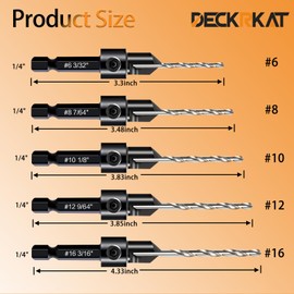 DECKRKAT 12-Piece Countersink Drill Bit Set - 3-in-1 Wood Counterbore Kit for #6#8#10#12#16 Screws | 82° Chamfer, Depth Adjustable | 5 Spare Bits,2 Limit Rings,Hex Key,Case.