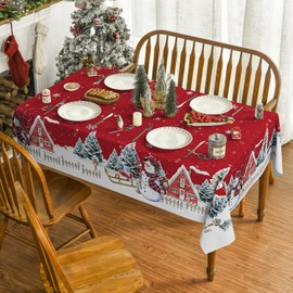 Artoid Mode Red House Trees Snow Snowman Christmas Table Cloth, Rectangular 140x110 cm Xmas Table Cover Protector For Party Home Table Decorations