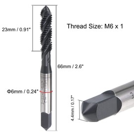 TA-VIGOR M6 x 1mm Spiral Flute Thread Tap, Metric Machine Threading Tap with H2 Tolerance, HSS Nitriding Coated Thread Milling Tap (Round Shank with Square End) 2Pcs