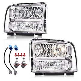 GRAND ORANGE Headlights Assembly Compatible with 1999-2004 Ford F250 F350 F450 F550 Super Duty/Fit 2000-2004 Ford Excursion Headlamps Clear Lens Chrome Housing 1C3Z13008BA