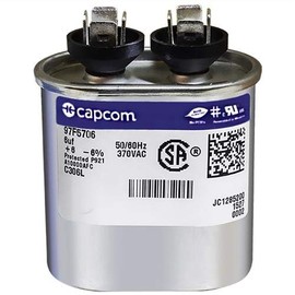 Genteq 97F5706 Capacitor; Polypro Metallized; Cap 6 uF; Tol 6%; Vol-Rtg 370 AC; QC; Motor Run; Oval