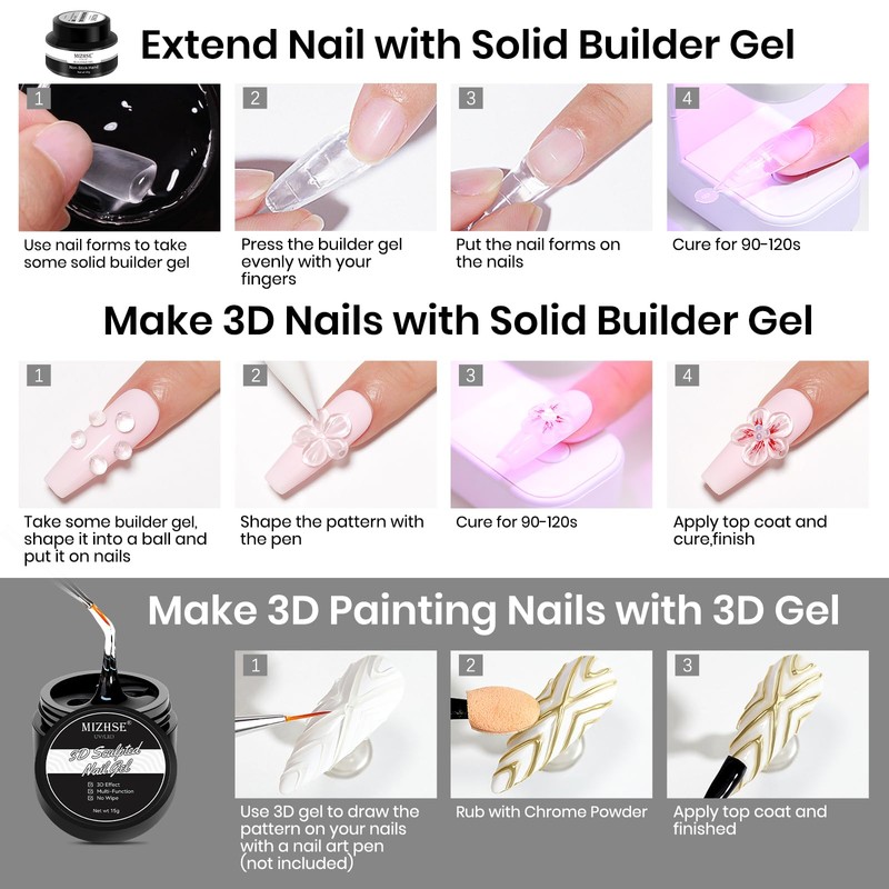 MIZHSE 30g Clear Solid Builder Gel and 15g 3D Nail