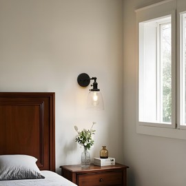 Pathson Vintage Hardwired Wall Sconce with On Off Switch, Clear Glass Black Vanity Light, Indoor Wall Lighting Fixtures for Bathroom Bedside Garage Porch Cafe Club