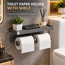Wall Mounted Toilet Paper Holder with Storage Shelf – Black Steel Tissue Roll Rack for Bathroom & Washroom Organization