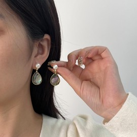 Handmade Teardrop Abalone Shell Dangle Earrings for Women, Pearls Sterling Silver Posts