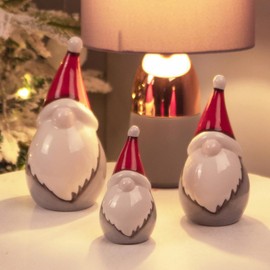 Set of 3 Ceramic Christmas Gonk Ornaments – Red White & Grey Freestanding Scandi Nordic Gnome Elf Family Figurines with Xmas Hats, Novelty Home Festive Decorations for Fireplaces Tables Stairs Shelves