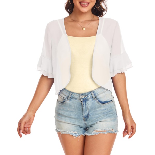 ADOREJOY Women Summer Tops Chiffon Cardigans Open Front Puff Sleeve