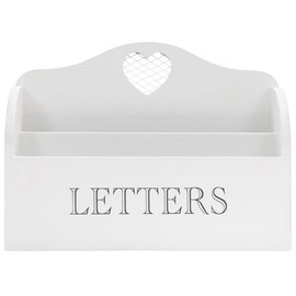 Rustic White Letter Rack With Contrasting Grey Letters Wording and Cutout Heart Detail, Twin Compartment Decorative Mail Organiser