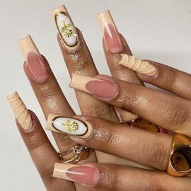 IMRAIN Long Square Press on Nails Yellow French Tips Fake Nails with Gold Rose Charms Designs Full Cover Acrylic False Nails Glossy Artificial Glue on Nails for Women 24Pcs