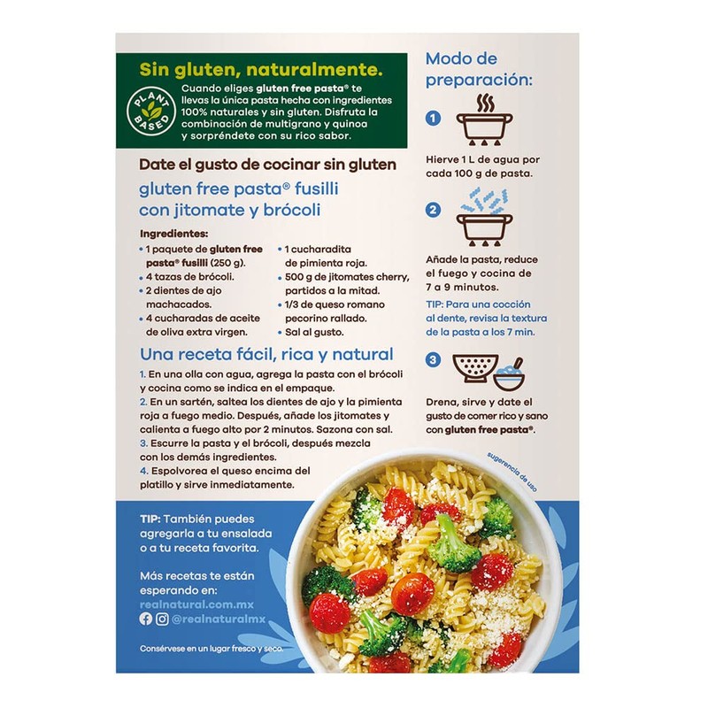 Real Natural, GLUTEN FREE FUSILLI QUINOA MULTIGRANO, 340 gramos