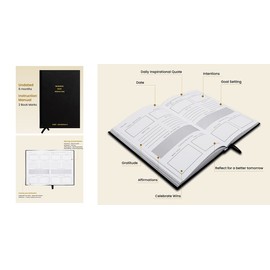 PopJournal Abridged Progress Over Perfection Motivational Journal for Women - Hard Cover Note Book w/ Black Faux Vegan Leather Cover, GSM FCS certified paper, Sewn Binding 6 Month Usage, Gold