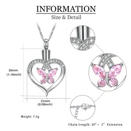 shajwo Heart Urn Necklace for Ashes for Women Butterfly Cremation Jewelry Crystals Ash Loved One Memorial Pendant,Pink