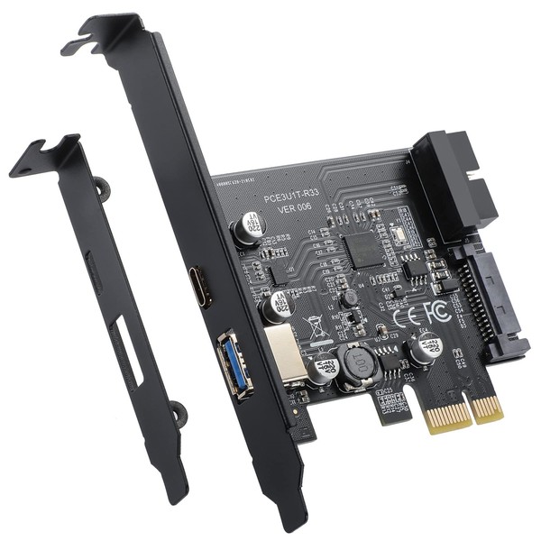 BEYIMEI PCI-E 1X to USB 3.2 Gen1 5Gbps 2ポート（タイプC+タイプA）拡張カード、19PIN USB 3.0インターフェース、15PIN SATA電源コネクタ付き、PCIE to USBカードはWindows 10/8/7/Linuxをサポートします