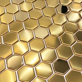 Blujellyfish Hexagon Gold Backsplash Tiles Metal Mosaic Tile Stainless Steel Brushed/Shiny Kitchen Bathroom Backsplash Shower Floor Wall Accent Tiles (5 Square Feet)