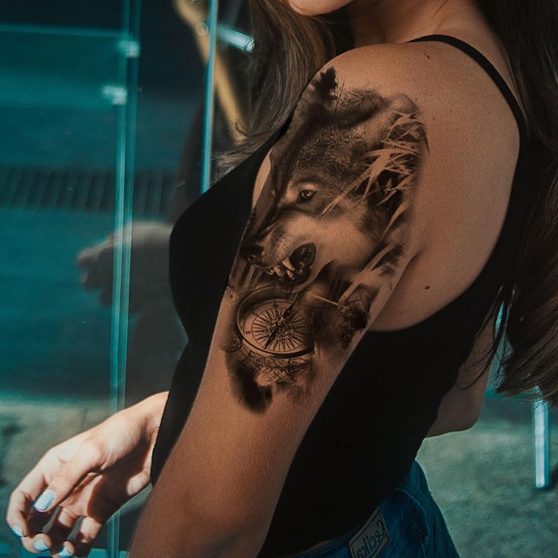 Oottati 2 Sheets Waterproof Fake Forest Compass Wolf Arm Leg