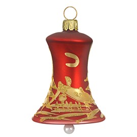 Jingle Bells Lauscha Christmas Tree Decoration Bell Red Matt with Golden Winter Landscape Set of 4 in Box