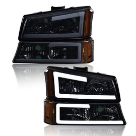 G-PLUS LED DRL headlights, Compatible with 2003 2004 2005 2006 Chevy Avalanche 1500 2500 Bumper Headlamps, Smoky Lens Chrome Housing Amber Reflector,faros delanteros