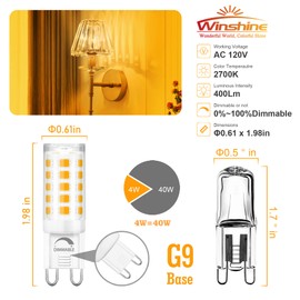 Winshine 10 Pack Dimmable LED Light Bulb 2700K Soft White, 4W (40Watt Halogen Replacement) G9 Base, T4 Shape, CRI85, 120V, 360