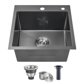 POPFLY 18×18 Inch Drop In Bar Prep Sink, 304 Stainless Steel Top mount Handmade Single Bowl Sink 9 Inche Deep Small Kitchen Sink with 2 Hole, Black