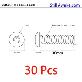 30 Pcs M5-0.8x30mm Button Head Socket Cap Screws, Stainless Steel 18-8 (304), Bright Finish, Fully Threaded, Allen Hex Button Head Screws (30 Pcs M5-0.8x30mm)
