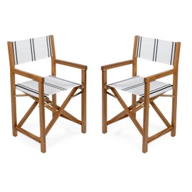 JONATHAN Y DRC1001B-SET2 Cukor Classic Vintage Outdoor Acacia Wood Folding Director Chair with Canvas Seat Mid-Century, Modern, Traditional, Classic, Coastal, White/Black Stripe/Teak Brown (Set of 2)