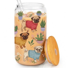 Pug Gift for Women,16 oz Glass Cup with Lids and Straws for Coffee, Juice