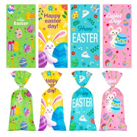 Jagrove Cellophane Treat Bags with Gold Twist Ties 100 Pieces Bunny Chick Eggs Print Plastic Bags Goodie Cookies Candy Bread Gift Bags for Easter Party Supplies