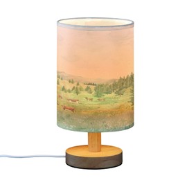 YETTASBIN Cow Forest Bedside Table Lamp, Small LED Desk Light USB Nightstand Lamp with Non Slip Wood Base & Eye-Friendily Lampshade for Living Room Bedroom Dorm Home Office Desk Decor