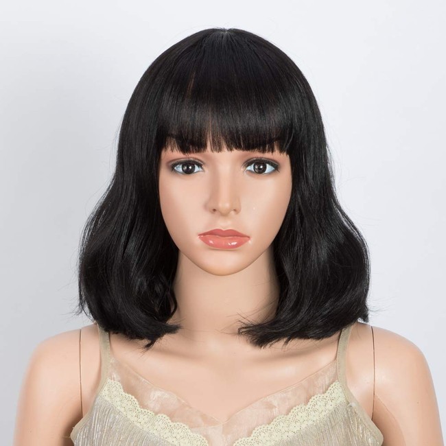 DÉBUT Long Bob Wigs Beach Wave Lob Wigs Synthetic Hair Replacement 13 inches 152g Flat Fringe Bangs (1B: NATURAL BLACK)