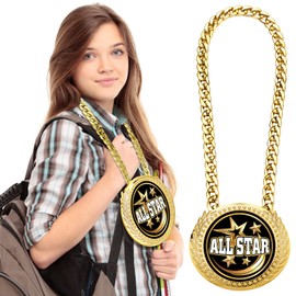 Tondiamo Turnover Chain Graduation Medal 6" Big Gold Award Medal All Star Outstanding Trophy Necklace Champion Chain for College Student School Participation Competition(1 Pcs,All Star)