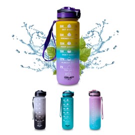 GMP.STAR 1L Water Bottle - Leak Proof with Quick Open Lid and Time Markings - 100% BPA Free - Motivational Gym, Travel, Sports for Adults, Kids (yellow,blue,purple)