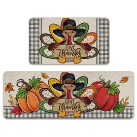 Livcoz Thanksgiving Turkey Kitchen Rugs Set of 2, Fall Give Thanks Pumpkin Grey Plaid Floor Mats Home Decor, Autumn Maple Leaves Farmhouse Door Mat Decorations - 17x29 and 17x47 Inches
