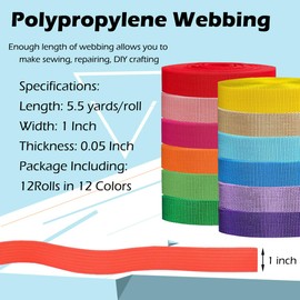 Wonninek Polypropylene Webbing Strap, 12 Rolls 1 Inch by 5.5 Yards Heavy Duty Webbing Strap, Seatbelt Strapping for Climbing, Crafts, DIY, Luggage Strap, Pet Collar, Backpack Repairing, 12 Colors
