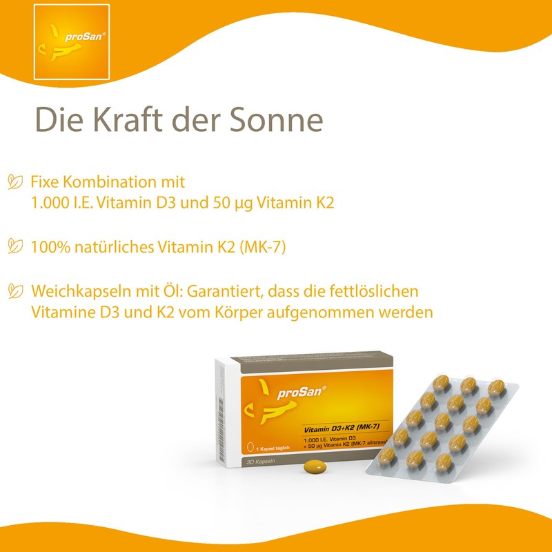 proSan Vitamin D3+K2 [MK-7] 30 Capsules | High Dose |