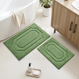 HOMEIDEAS Bathroom Rugs Sets 2 Piece, Extra Soft and Absorbent Microfiber Plush Bath Mat with Non Slip Backing(Leaf Green)