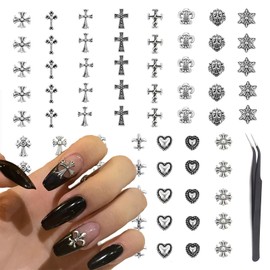 Nayyana® 75 Pieces 3D Cross Nail Charms, 3D Chrome Nail Charms, Vintage Gothic Retro Punk Crosses, Hearts, Skulls, Mixed Silver, Nail Charms for Cross Charms for Nails