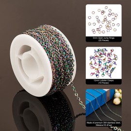 COGCHARGER 5M Rainbow Stainless Steel Cable Chains Multi-Color Chain DIY Chain Jewelry Set Making Kit for Jewelry Necklace Bracelet Earring Making Crafts